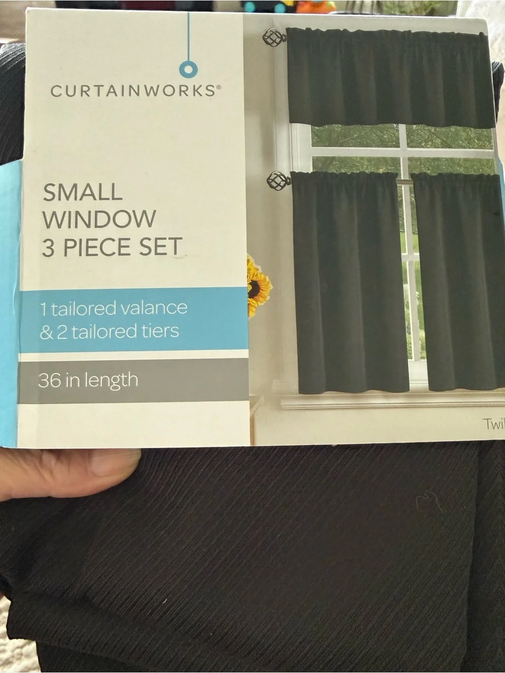 Small Window 3-Piece Set - Black Twill one tailored valance two curtains 56”x36“